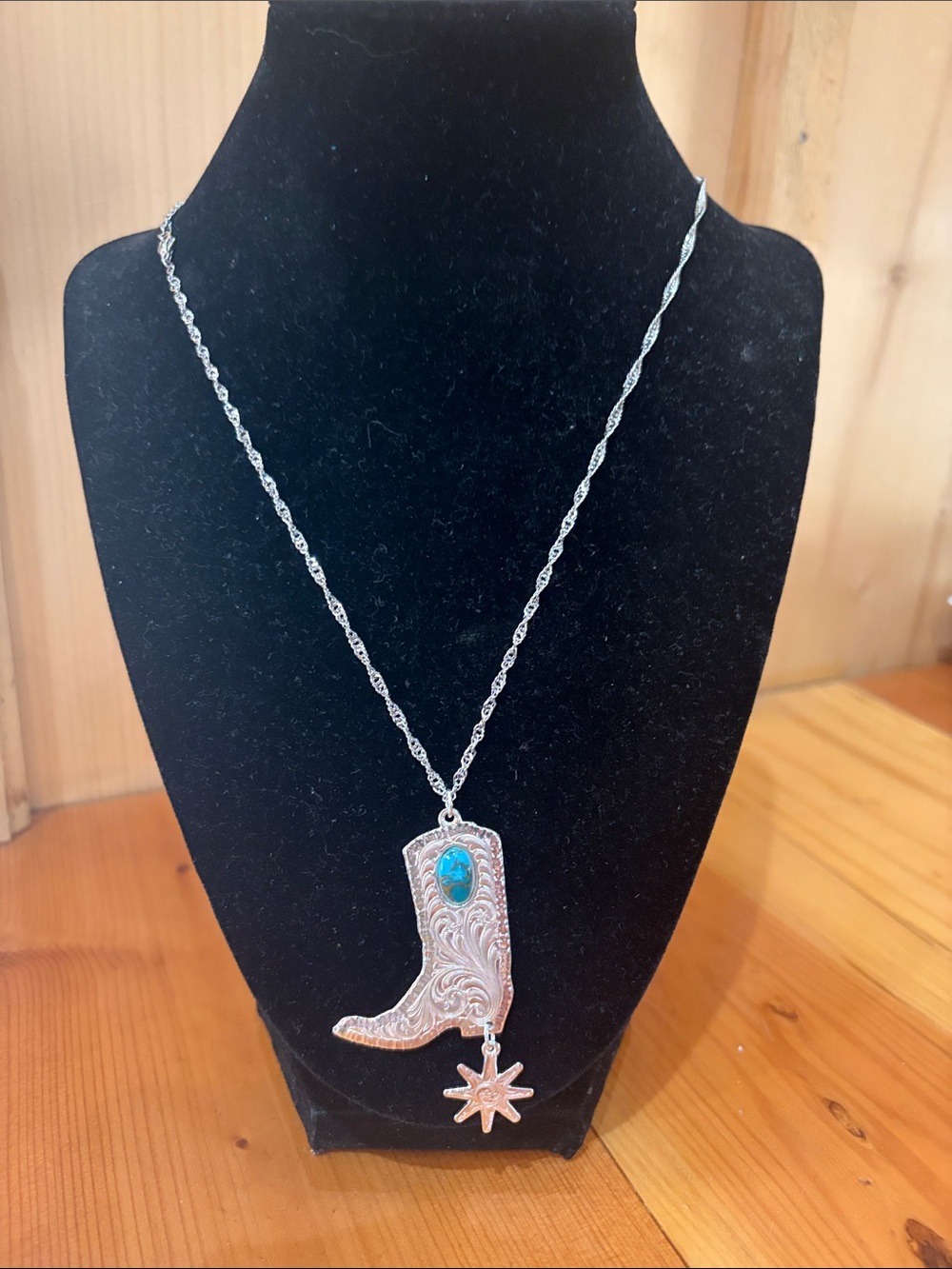 Western Boot Pendant Necklace with Turquoise Accent - Silver Tone